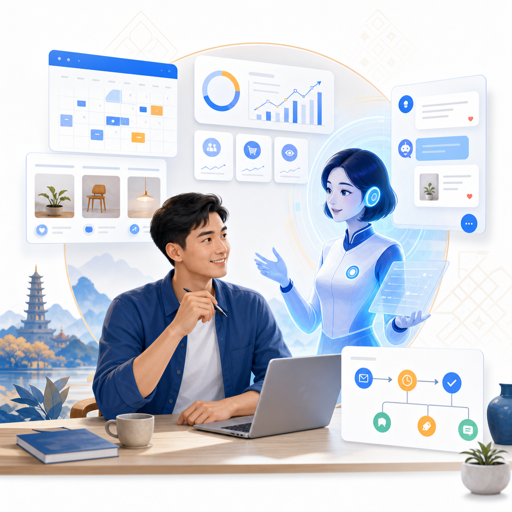 Minh họa nhân viên AI hỗ trợ chủ doanh nghiệp Việt quản lý nội dung, báo cáo và chăm lead